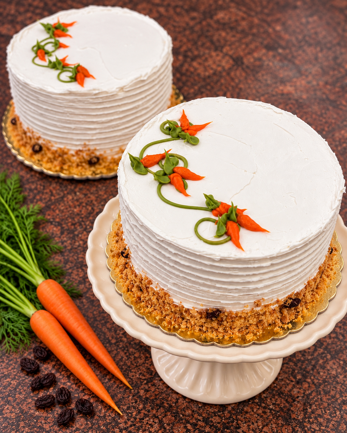 Two round white frosted cakes decorated with orange carrot-shaped candies and green leafy vines, displayed on white cake stands on a dark textured surface with fresh carrots and dark berries nearby.