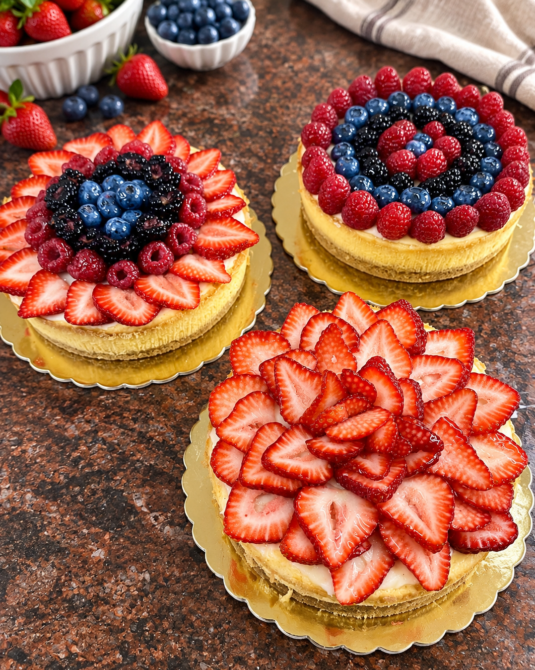 Three decorated cheesecake cakes on gold platters, topped with fresh berries and sliced strawberries, arranged on a dark countertop with bowls of fruit and a cloth in the background.