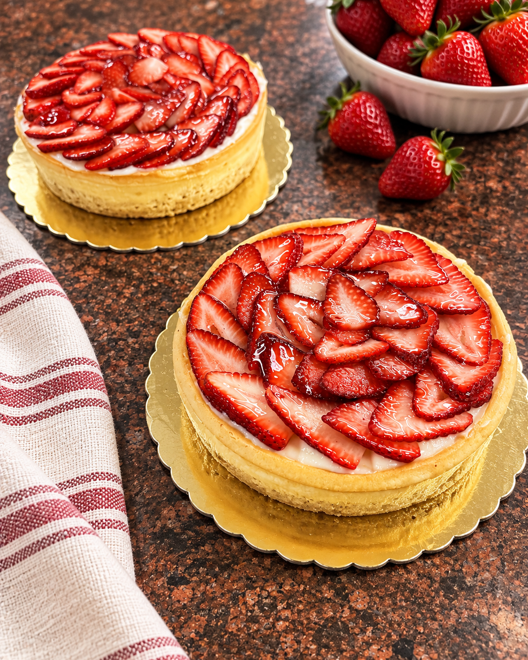 Two strawberry-topped cheesecake cakes on gold platters, with whole and sliced strawberries and a white bowl of strawberries on a speckled brown countertop next to a striped cloth napkin.