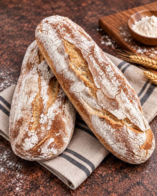 Two rustic artisan bread loaves dusted with flour, stacked on a striped beige cloth with wheat stalks and a small bowl of flour in the background.