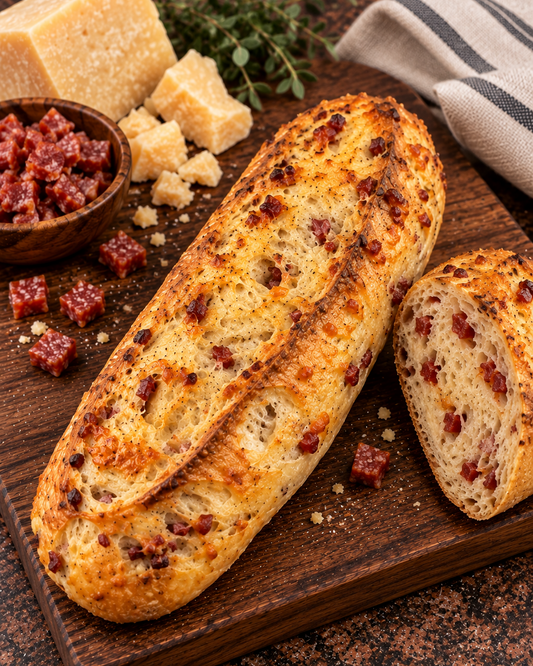 A rustic loaf of bread with visible chunks of cured meat and herbs baked into the crust, presented on a wooden board with cheese, a small bowl of diced cured meat, and a striped cloth on a textured brown surface.