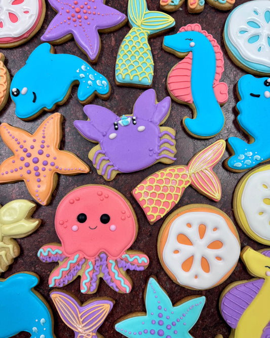 Beach themed royal iced cookies