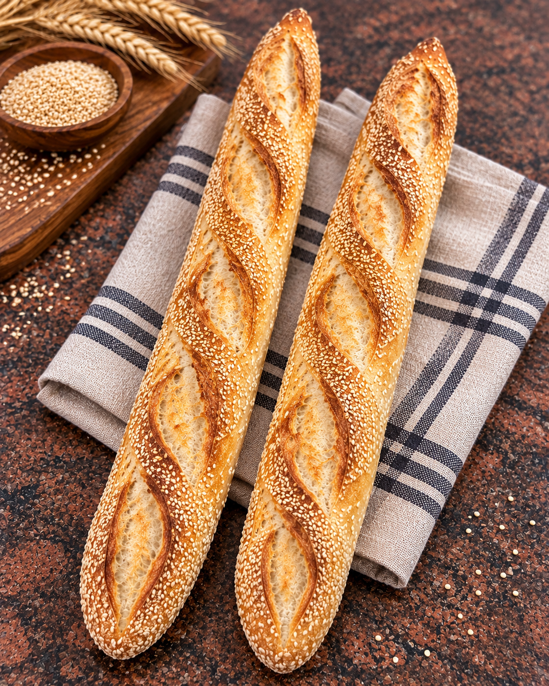 Two long artisanal baguettes with sesame seeds, arranged on a plaid napkin with wheat stalks and sesame seeds in a wooden bowl in the background.