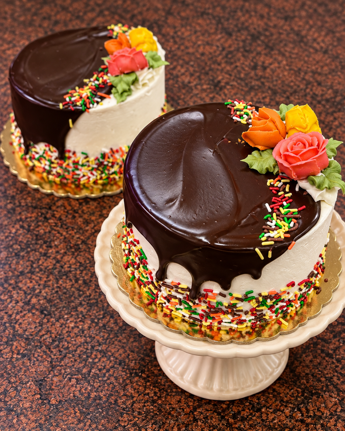 Two decorated chocolate cakes on white pedestal stands, set on a speckled brown countertop. The cakes are topped with glossy dark chocolate, white frosting, colorful sprinkles, and piped flowers in orange, yellow, and red with green leaves.