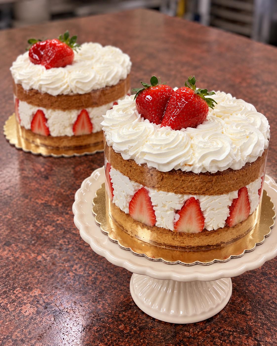 Two layered sponge cake cakes with piped white frosting, fresh strawberry slices, and whole strawberries on top, displayed on white cake stands on a speckled brown countertop.