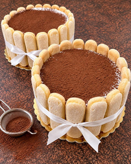 Two round ladyfinger cake desserts topped with cocoa powder and tied with white ribbons, arranged on a dark brown speckled surface with a small sifter of cocoa powder nearby.